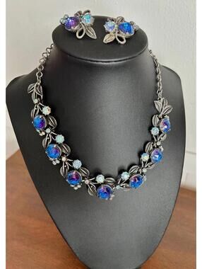Vintage Lorenzo Blue Aurora Borealis Rhinestone Necklace Earring Set